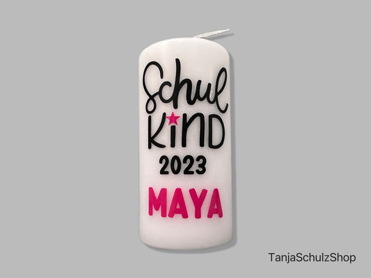 Schulkind Kerze, personalisiert mit dem Namen des Kindes, Geschenkidee zur Einschulung